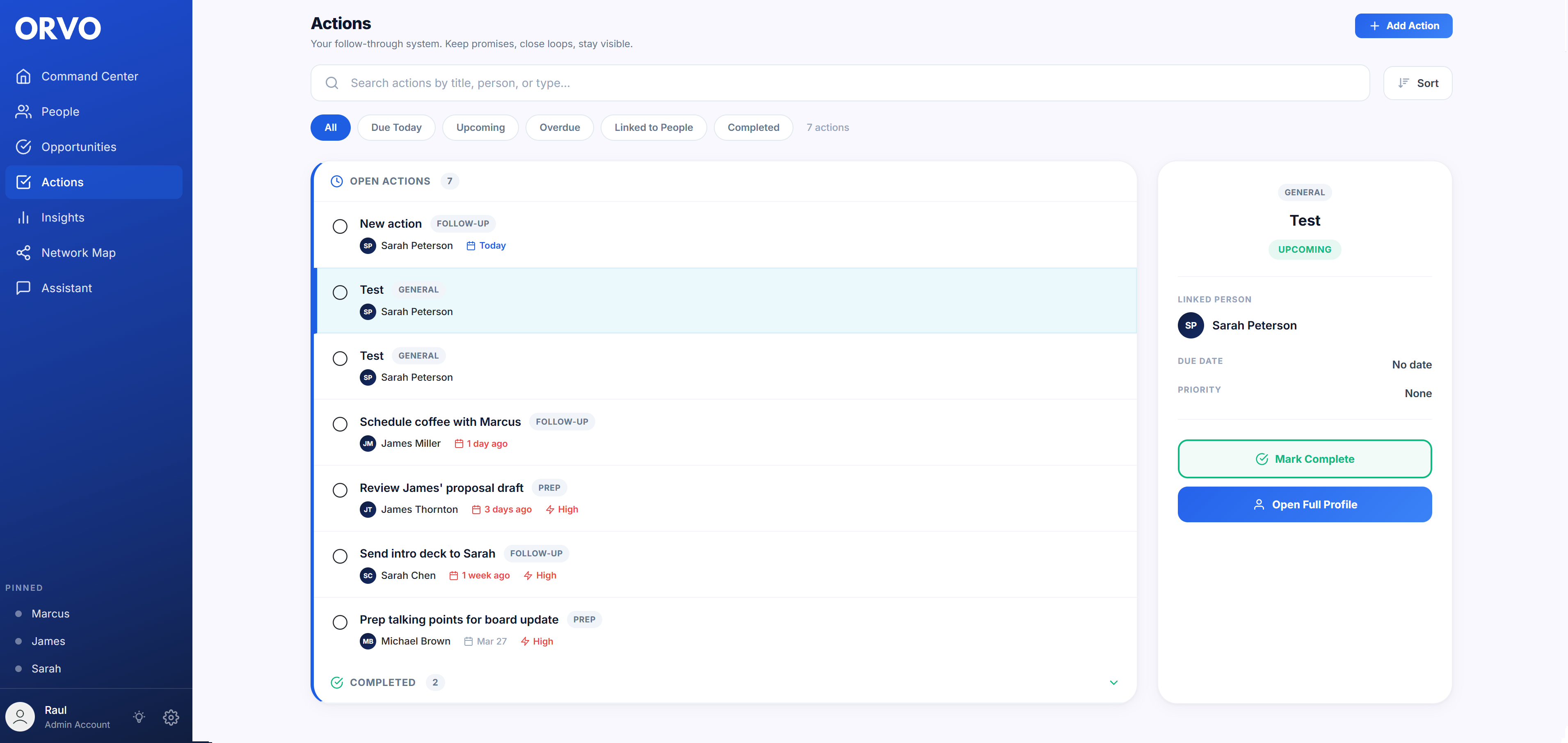 Orvo Actions view showing follow-up tasks linked to specific contacts with due dates and priorities