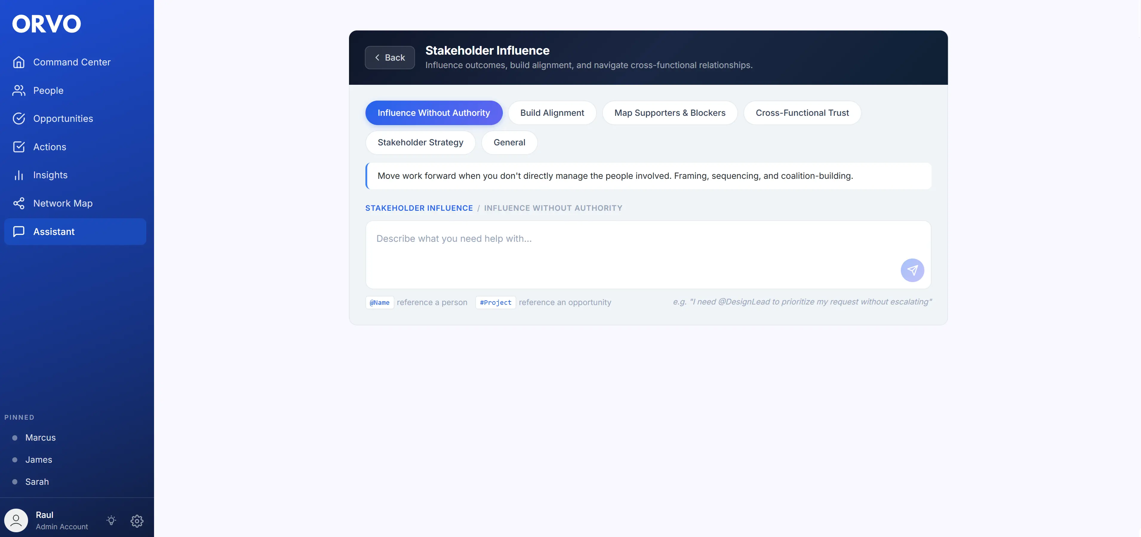 Orvo AI Assistant showing stakeholder influence analysis — the human skill AI cannot automate