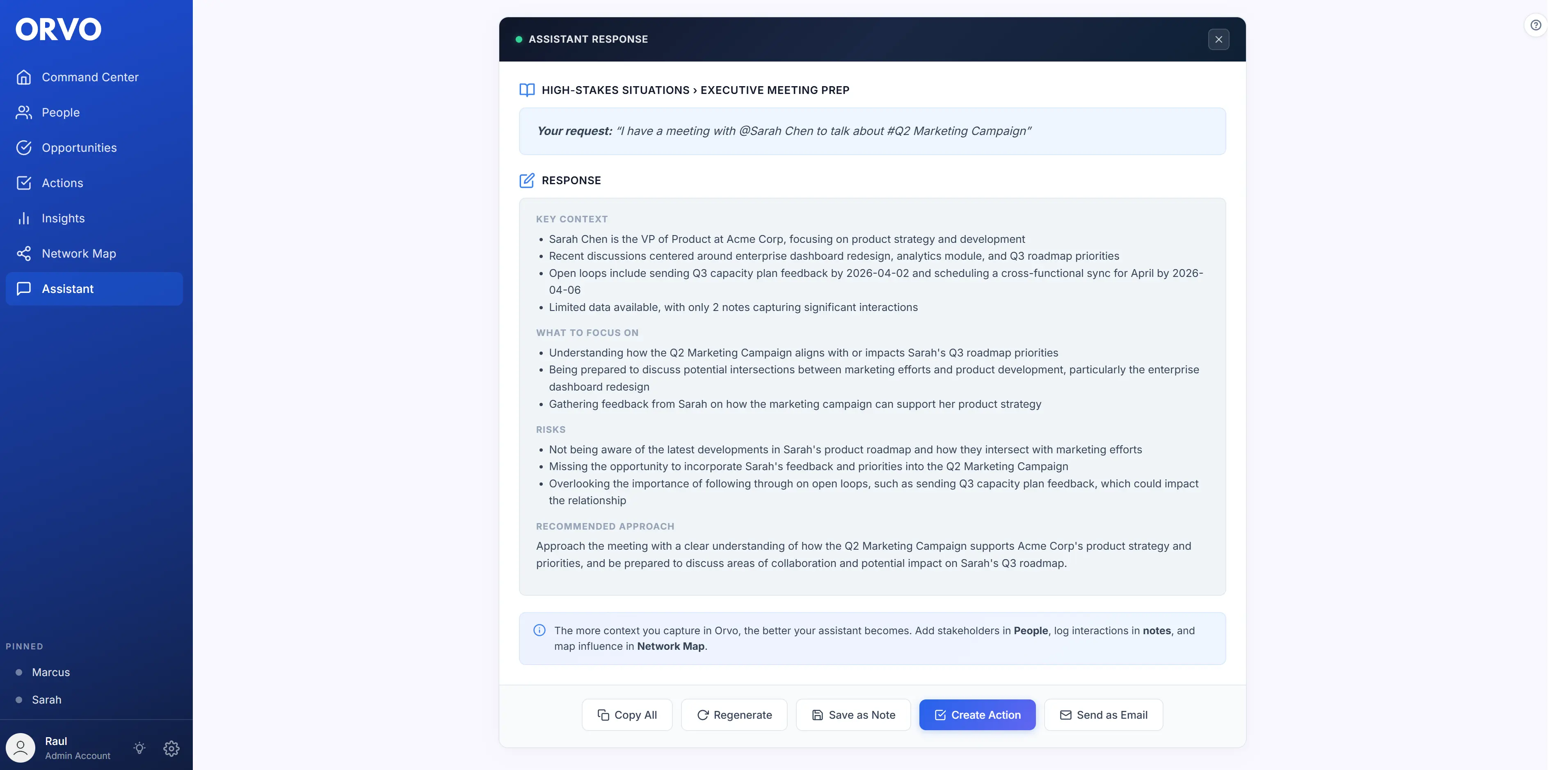 Orvo AI Assistant preparing meeting intelligence for a stakeholder conversation
