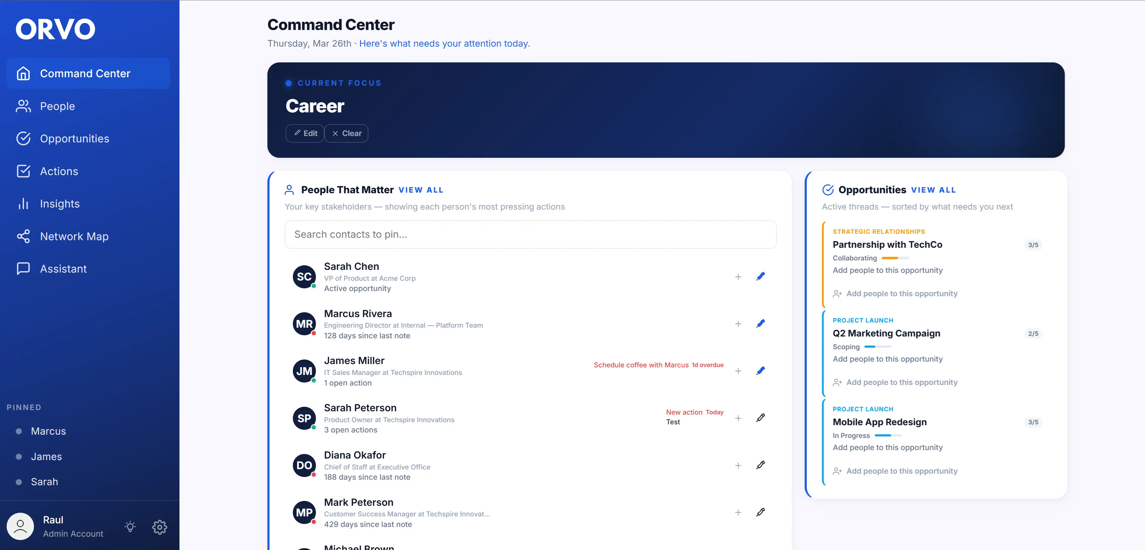 Orvo Command Center dashboard showing relationship intelligence and career metrics