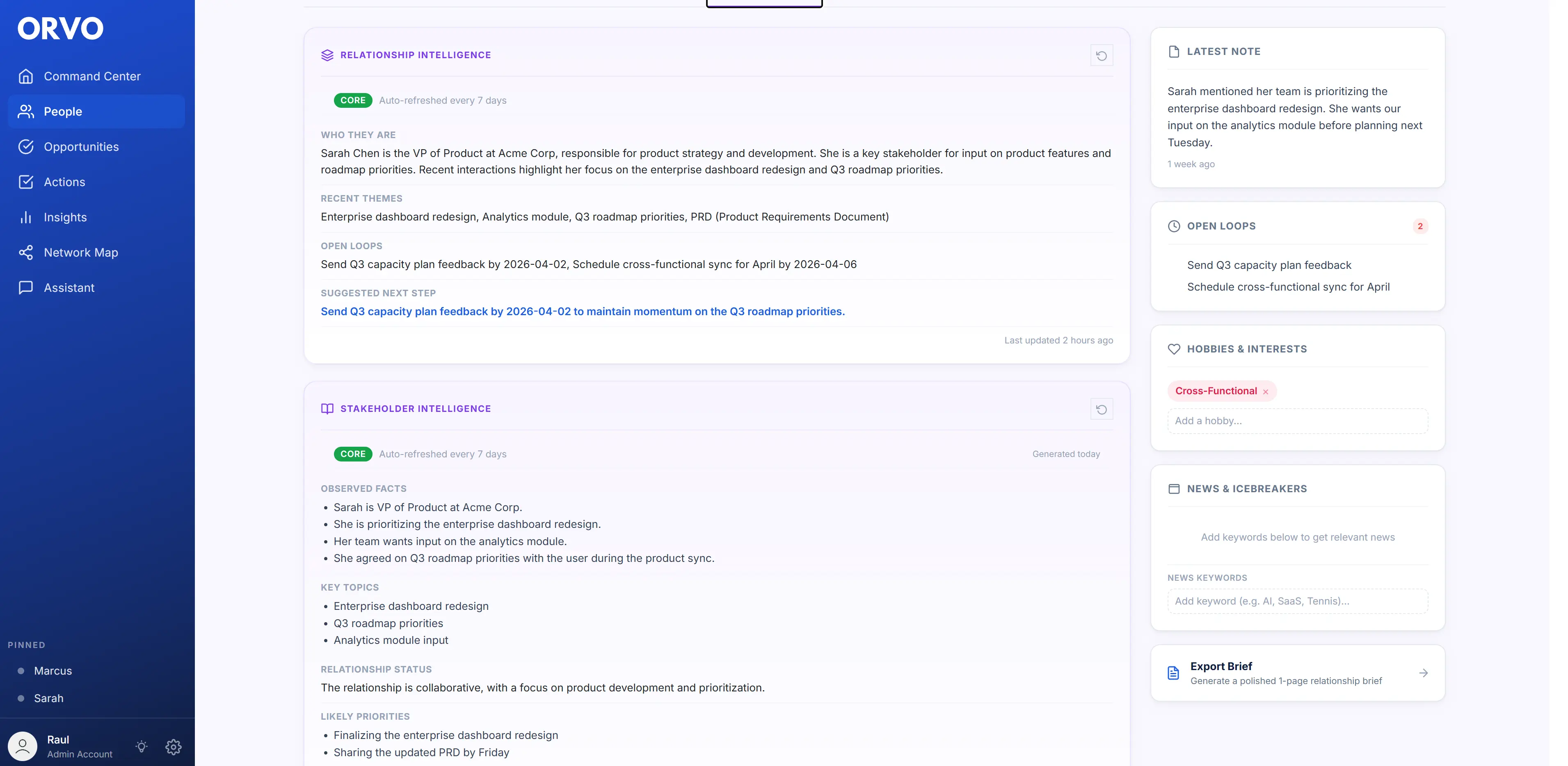 Orvo AI-generated Relationship Intelligence, Stakeholder Intelligence, and Working Style Intelligence for a professional contact