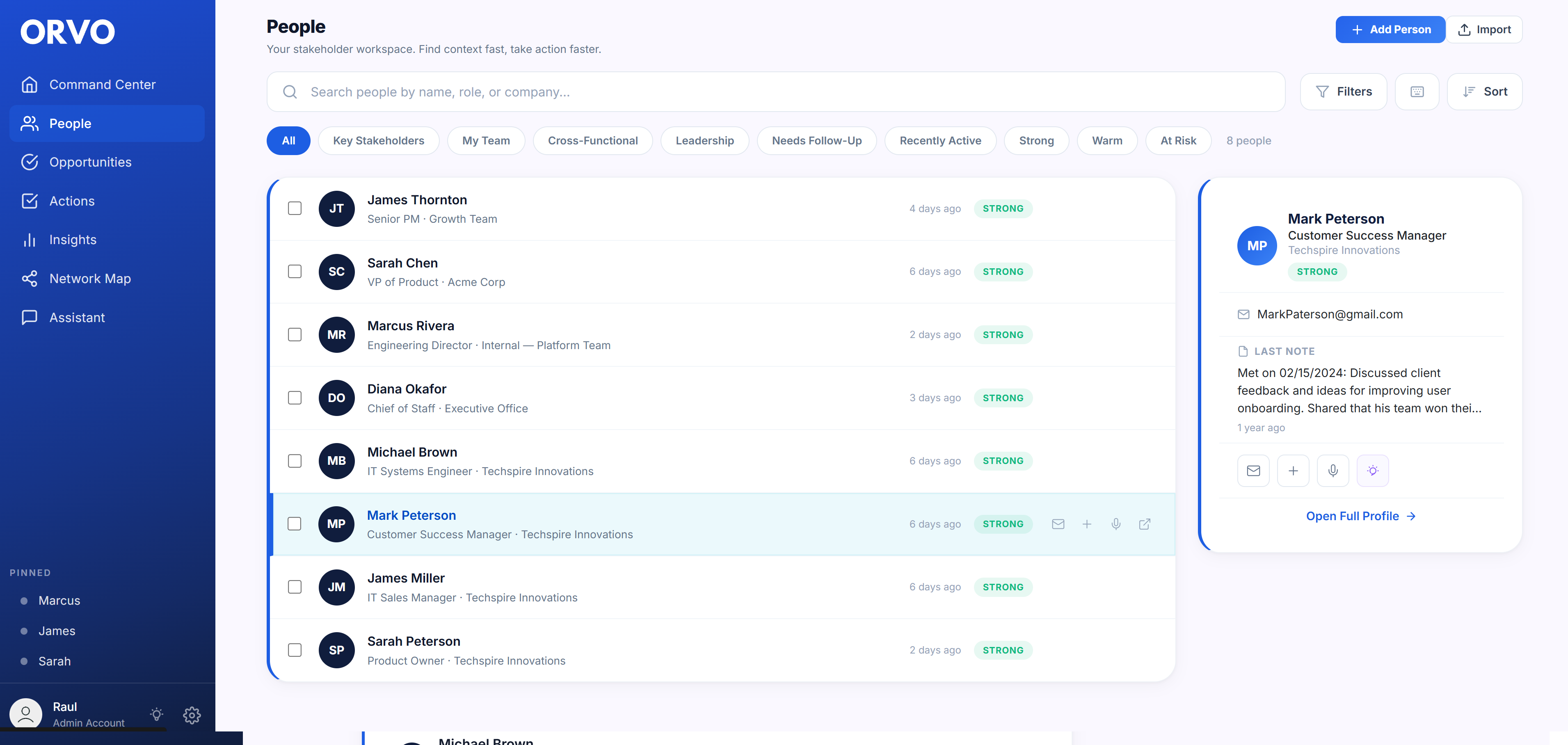 Orvo People view tracking MBA connections with tags, notes, and follow-up reminders