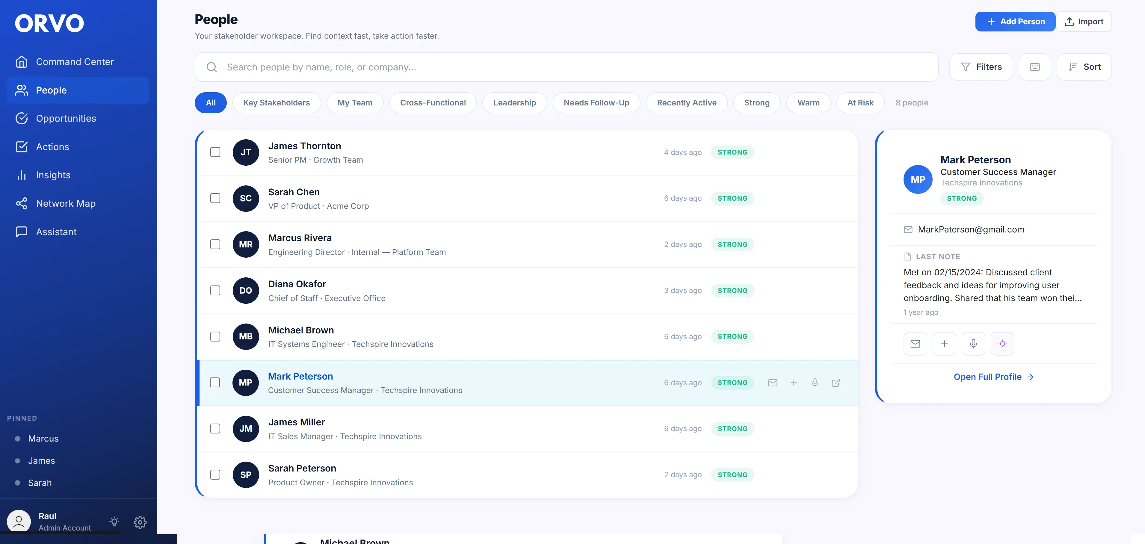 Orvo People view showing contact profiles with tags, notes, and relationship context for team members